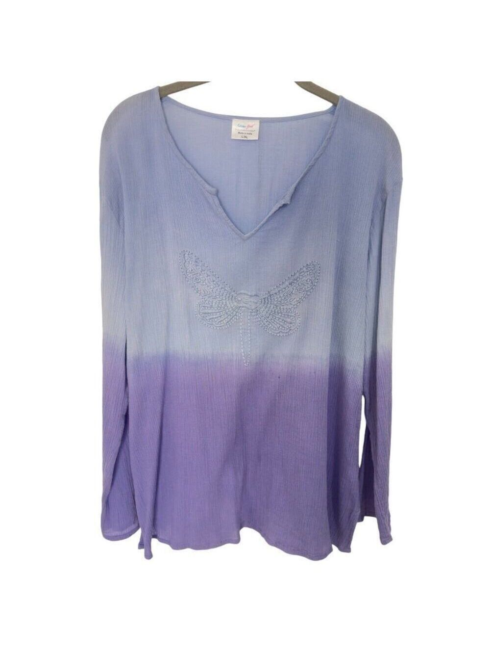 Greater Good Boho Dip Dye Top Blue/Purple Embroidered Butterfly Sz L